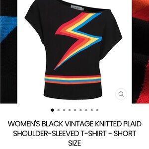 Off-the-Shoulder Black Sweater with Colorful Lightning Bolt